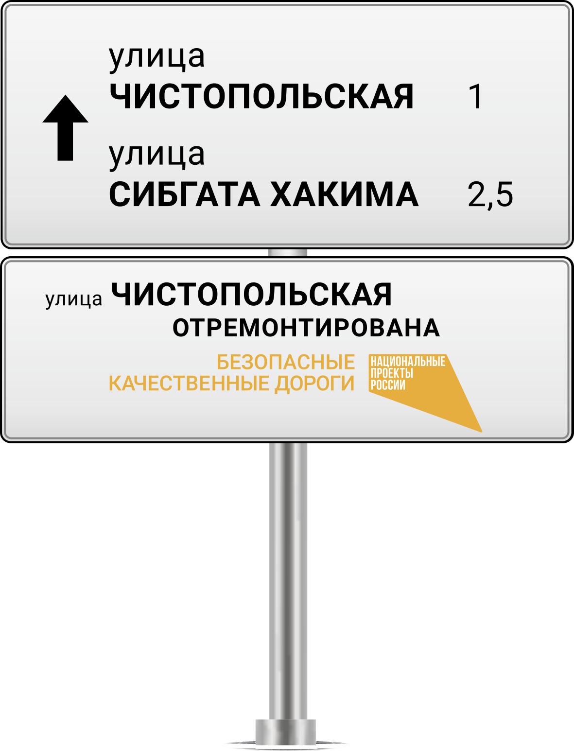 Информационный щит на объектах национального проекта “Безопасные и качественные автомобильные дороги”. Уличная табличка